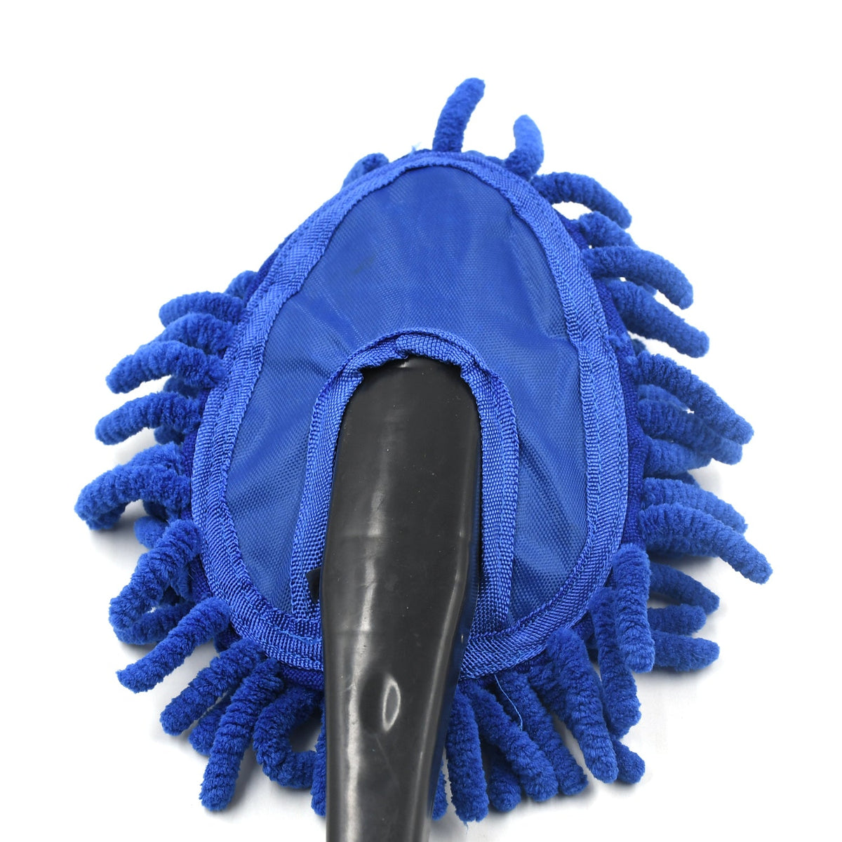 Close-up of the blue microfiber duster's back with a black handle on a white background.