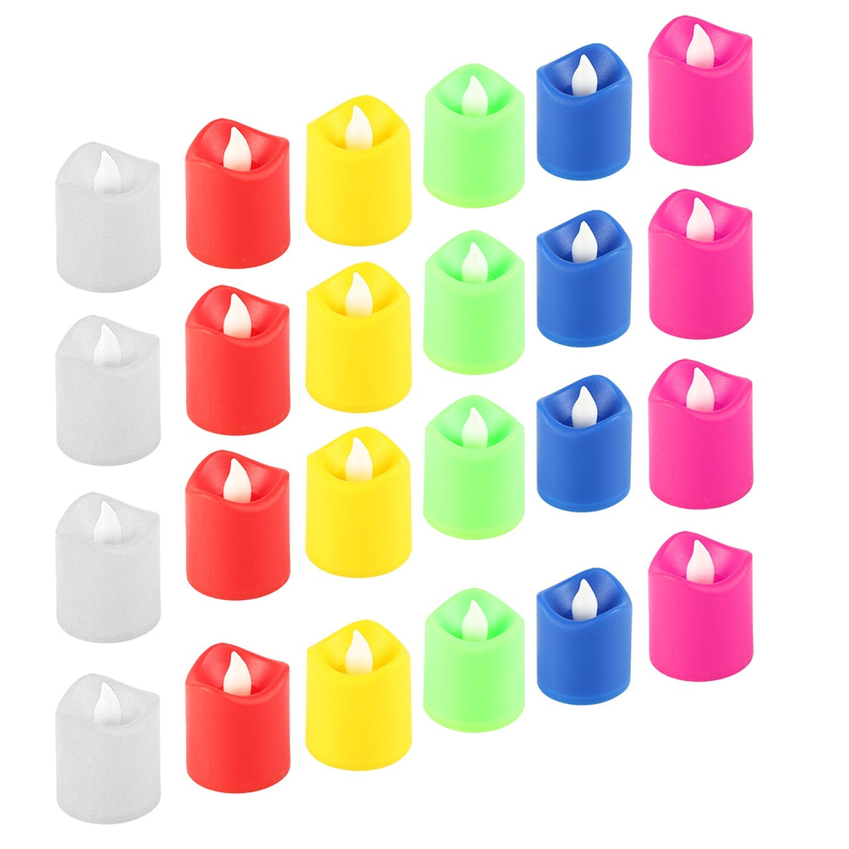 Twenty-four multicolor LED tealight candles, arranged in rows of white, red, yellow, green, blue, and pink, on a white