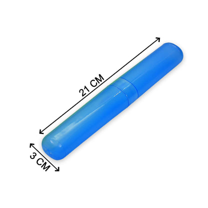 A single blue translucent toothbrush case is shown with dimensions of 21 cm length and 3 cm width on a white background.