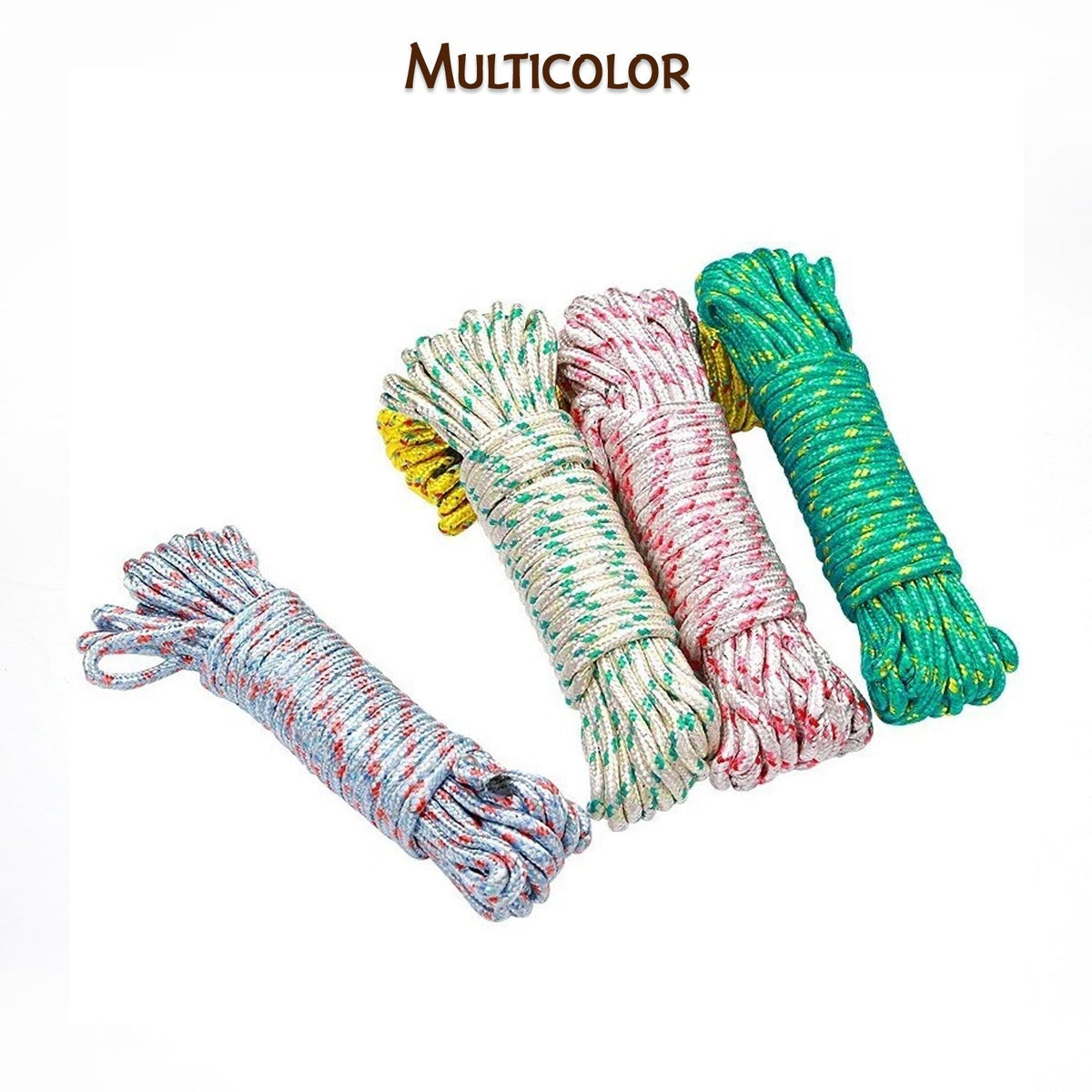Five coiled ropes in different colors: blue, white, pink, yellow, and green, on a white background.