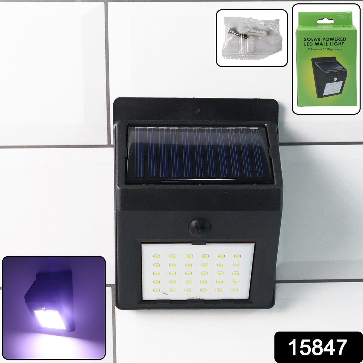 Black solar-powered wall light with 30 LEDs on a white tiled wall, with insets of packaging and mounting hardware.