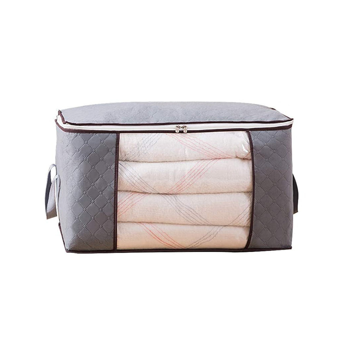 A grey quilted fabric storage bag with a clear window, filled with folded white blankets, on a white background.