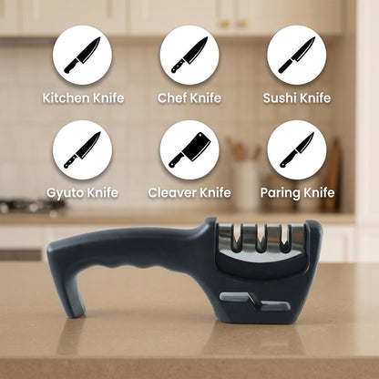 A black three-stage knife sharpener is displayed on a counter with six knife type icons above it.