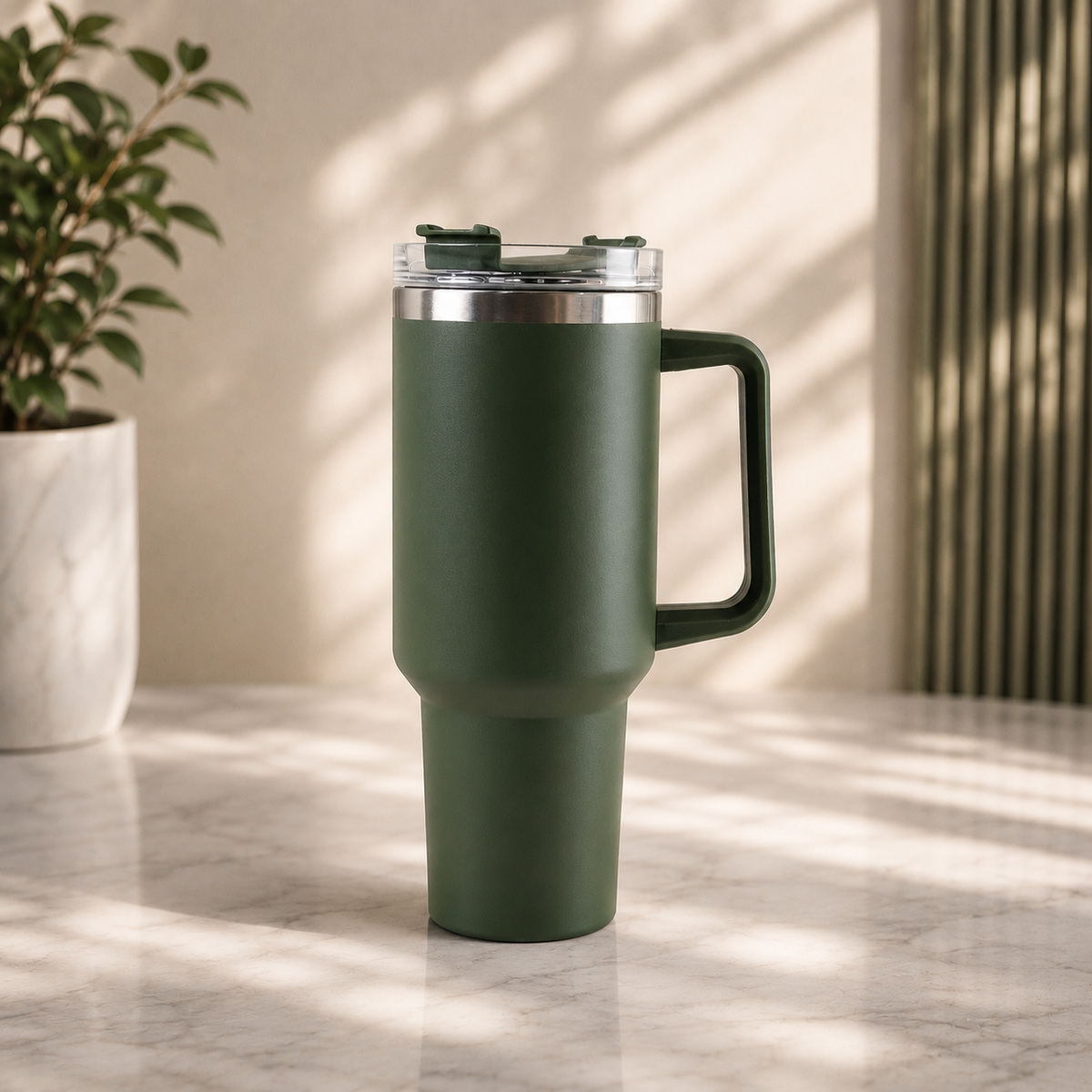 A dark green insulated travel mug with a handle and clear lid sits on a marble surface next to a potted plant.