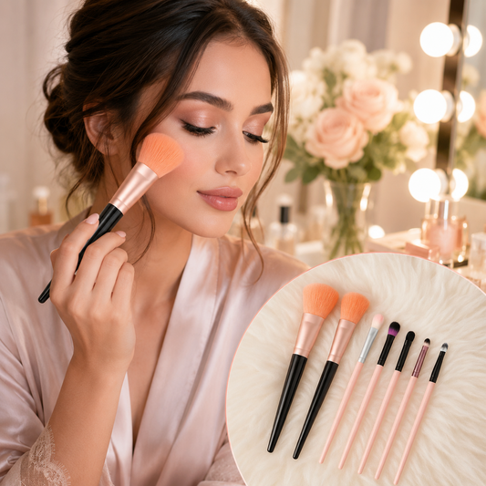 A woman applies blush with a large, soft, peach-colored makeup brush in a vanity setting.