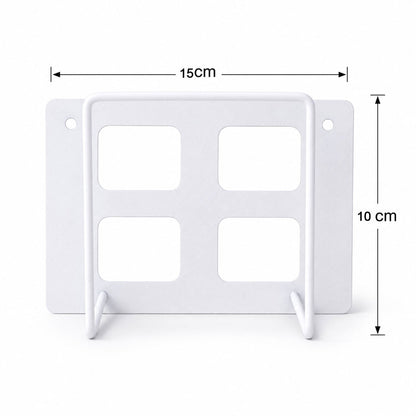 A white metal router mount with four square cutouts, displaying dimensions of 15cm width and 10cm height.