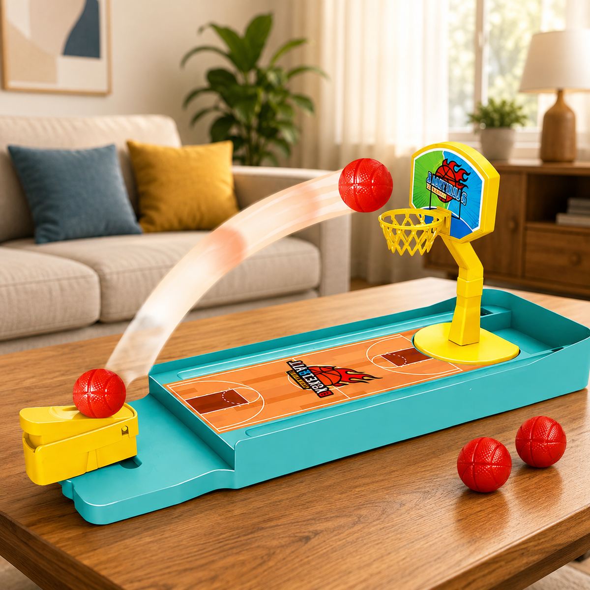 A vibrant miniature basketball game with a red ball mid-air, set on a wooden table in a living room.