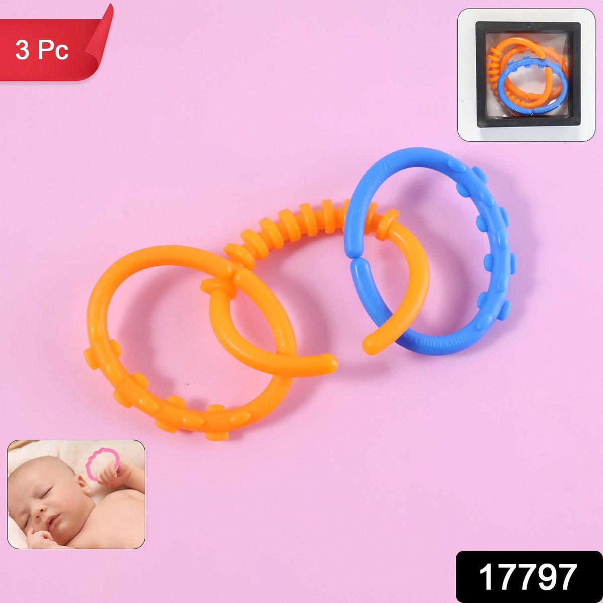 Three interconnected orange and blue learning links on a pink background, with an inset of a baby and a box.
