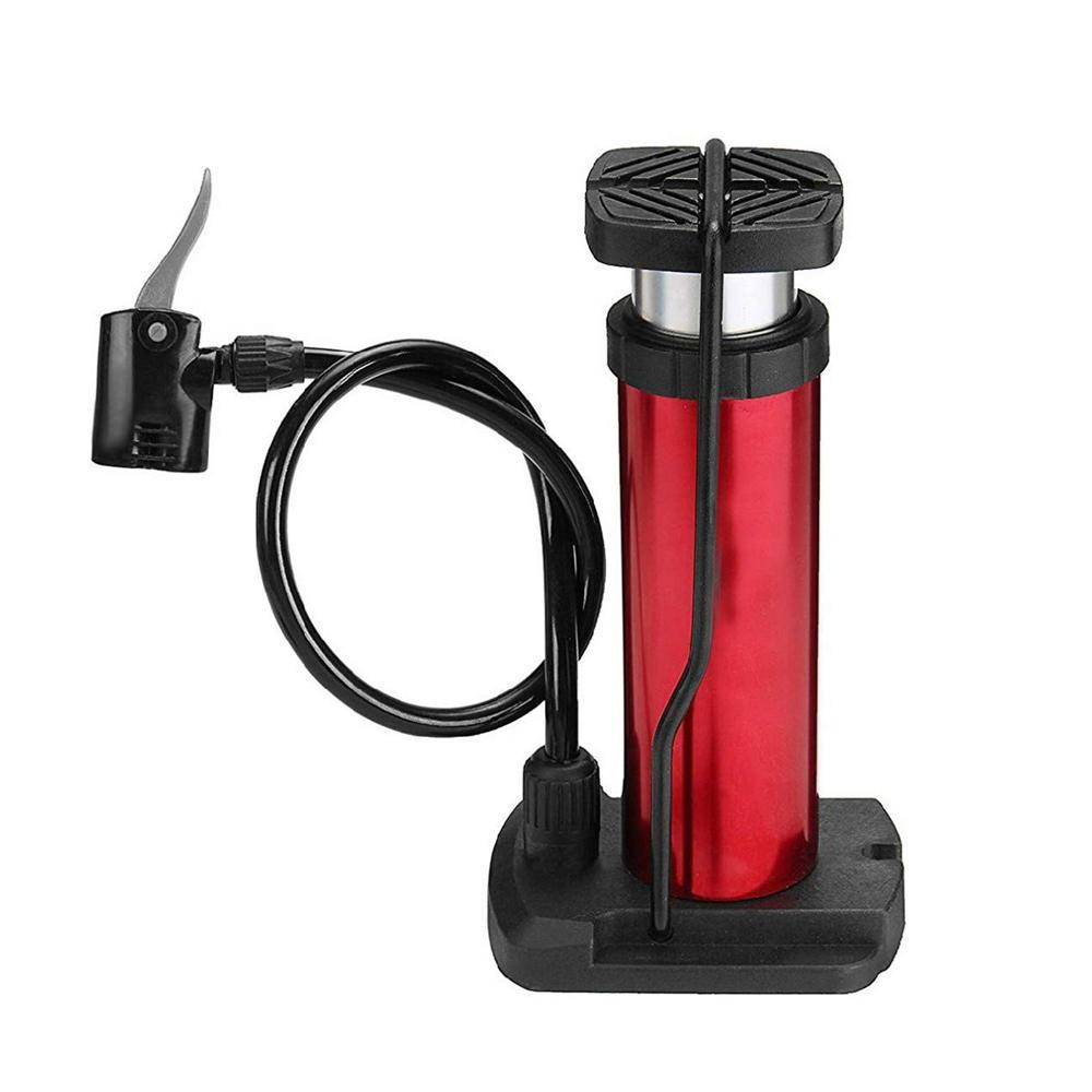 Red mini foot pump with a black hose and nozzle on a white background.