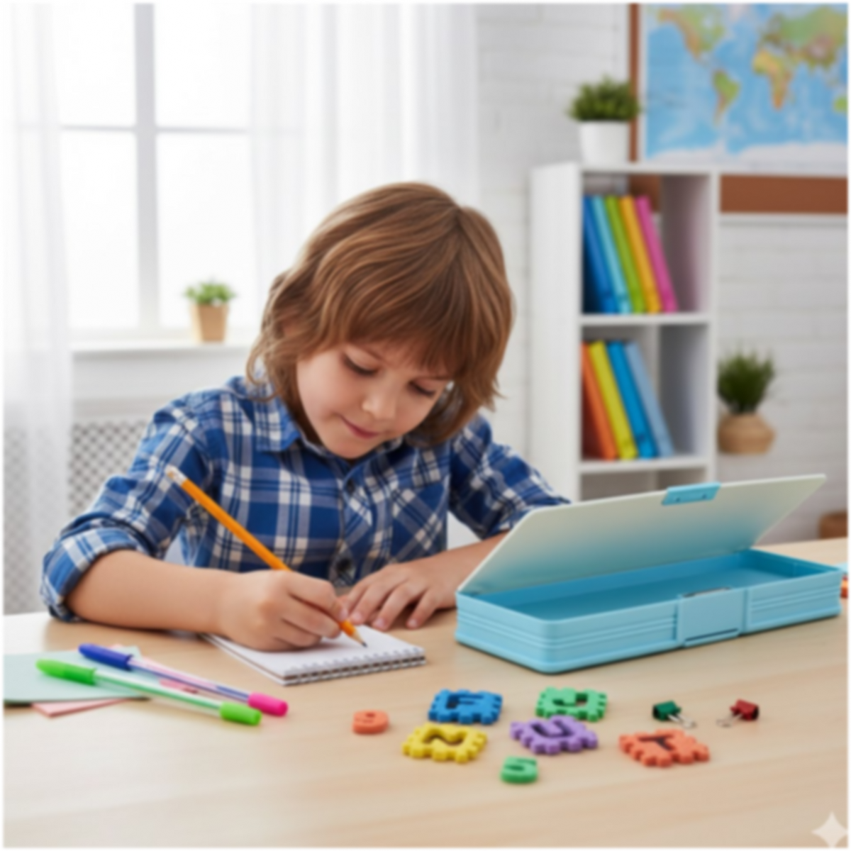A young boy with brown hair and a blue plaid shirt writes in a notebook, with an open blue pencil case nearby.