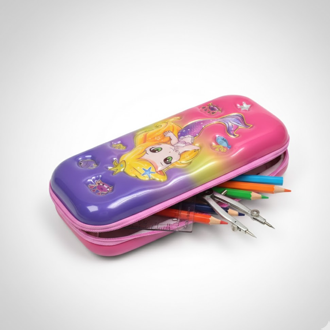 A mermaid pencil case partially unzipped, filled with colorful pencils and a compass, on a white background.