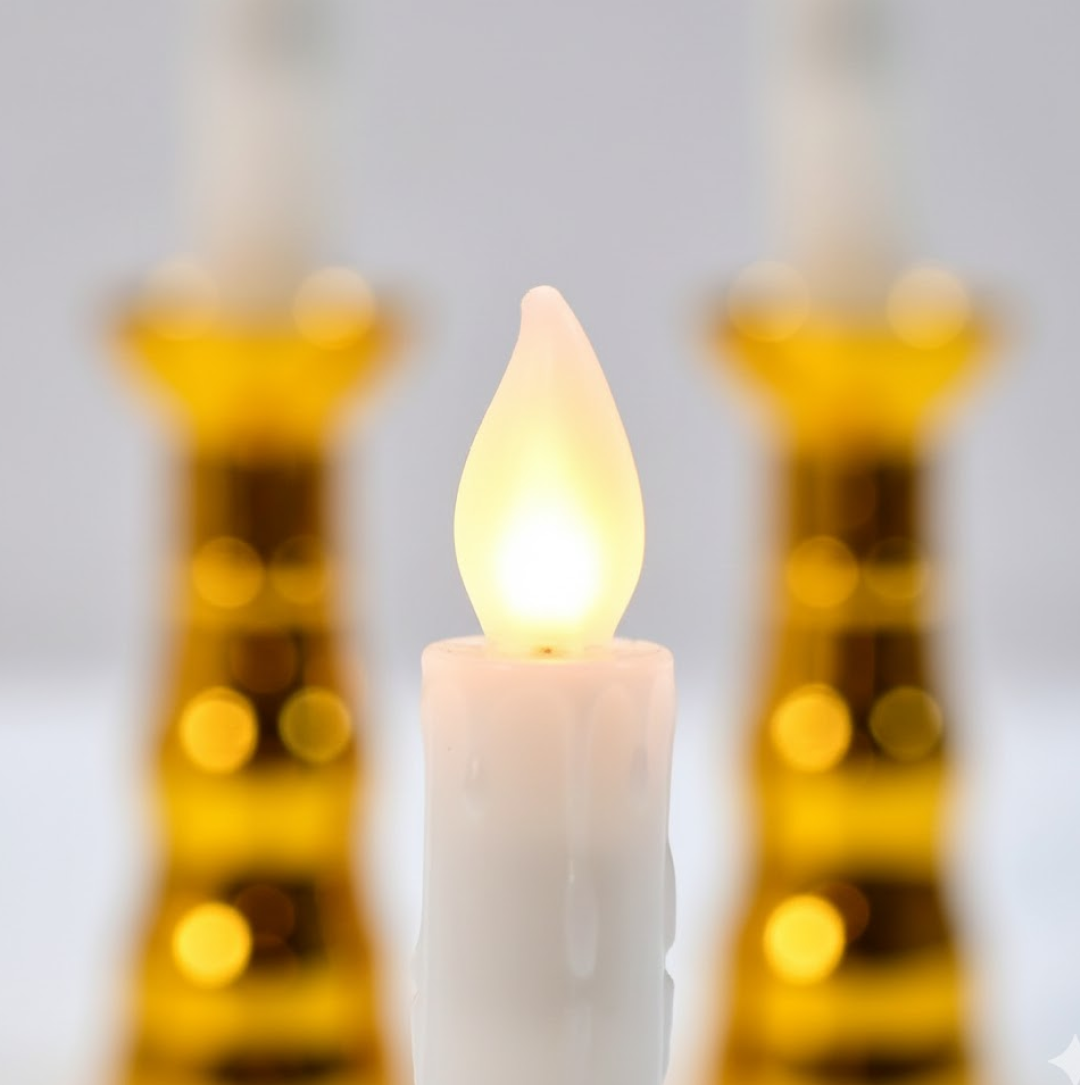 A close-up of a single white LED candle with a flickering flame, with blurred gold bases in the background.