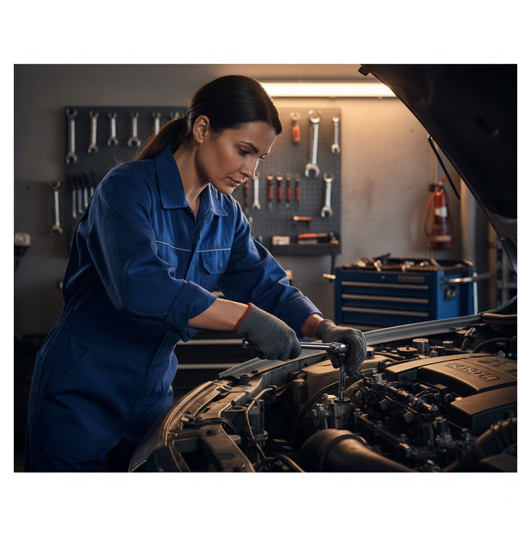 A mechanic in blue overalls and grey gloves uses a socket wrench to work on an engine in a garage.