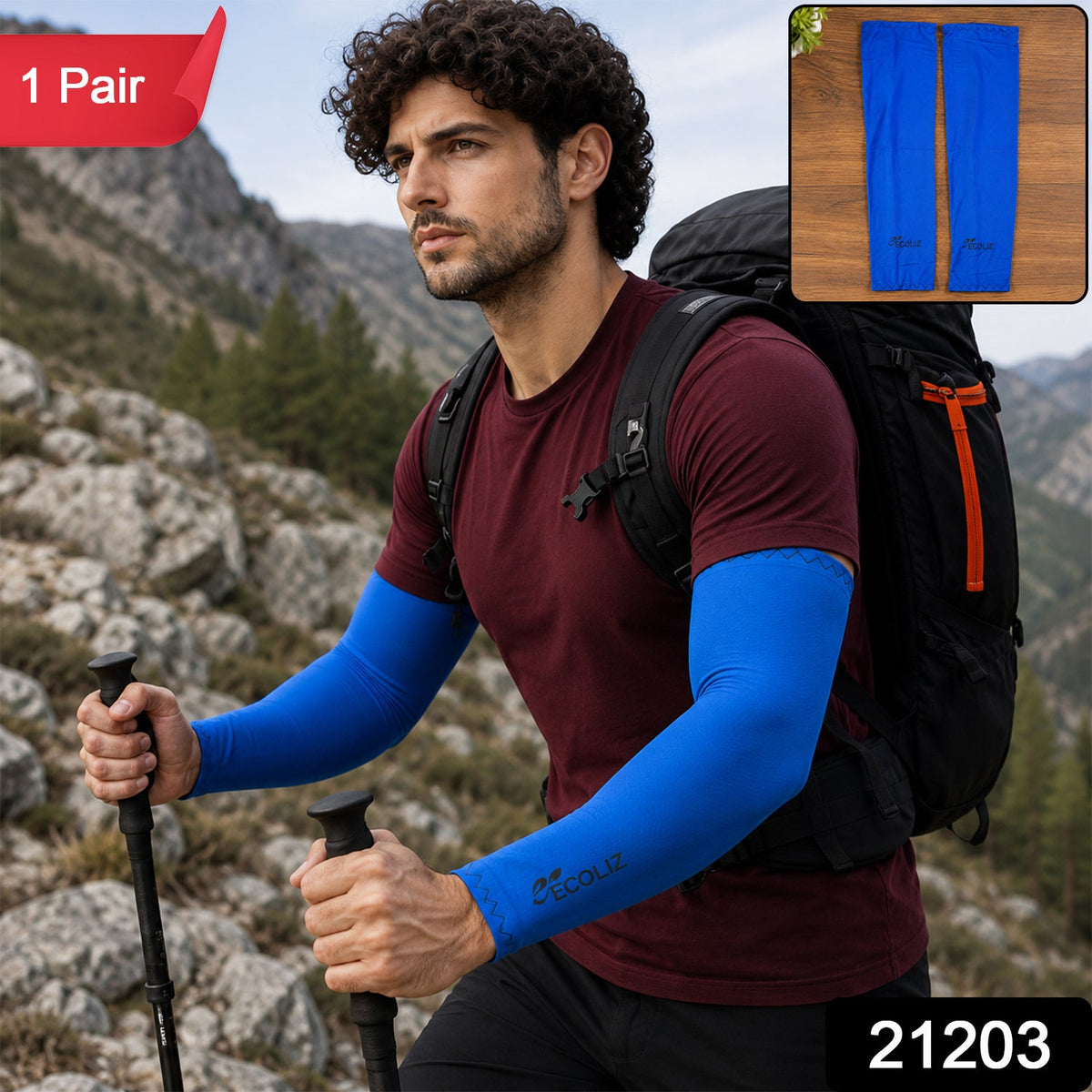 A man hiking on a rocky trail wears blue arm sleeves, a maroon t-shirt, and a black backpack, with a red "1 Pair" label.