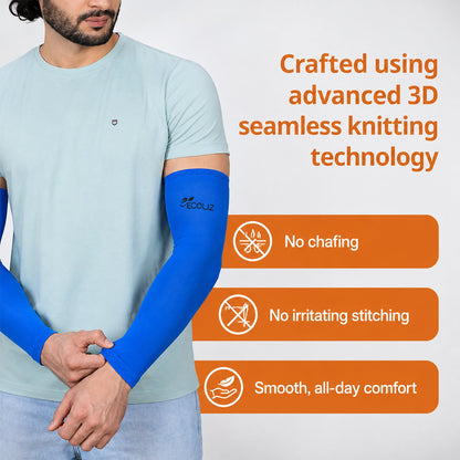 A man's torso wearing a light blue t-shirt and blue arm sleeves with product features listed on the right.