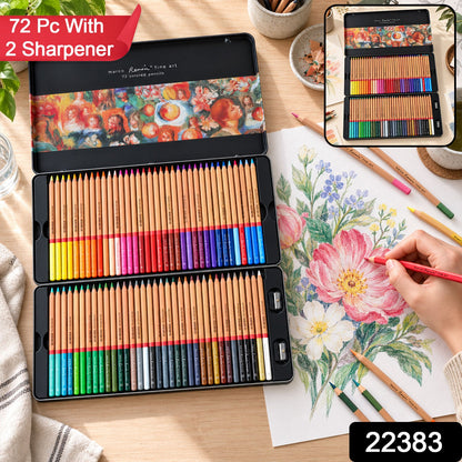 A black metal tin with 72 colored pencils and two sharpeners is open on a wooden table, with a hand drawing on paper.