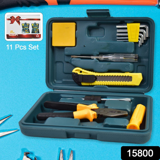 Open teal tool kit on a blue background, showing various yellow and black tools, with a small box graphic in the upper left