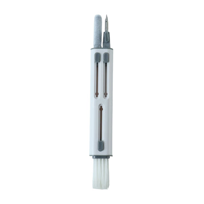 The white and gray multi-tool cleaning pen with all its components visible on a white background.