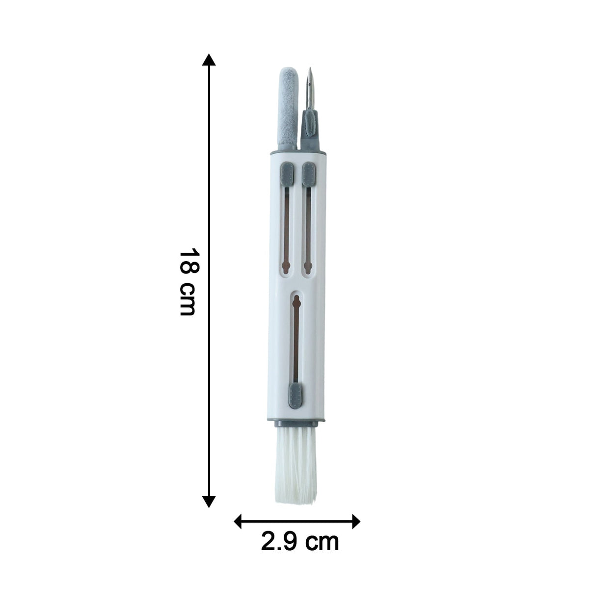 The white and gray multi-tool cleaning pen with dimensions of 18 cm length and 2.9 cm width.