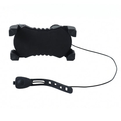 A black bicycle phone holder and a separate horn with a strap are displayed on a white background.