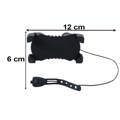 A black bicycle phone holder and a separate horn with a strap are displayed with dimensions of 12 cm and 6 cm.