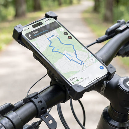 A black phone holder with a phone displaying a bike route map is securely mounted on bicycle handlebars.
