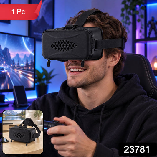 A man wearing a black VR headset with a small inset image of the headset on a table.