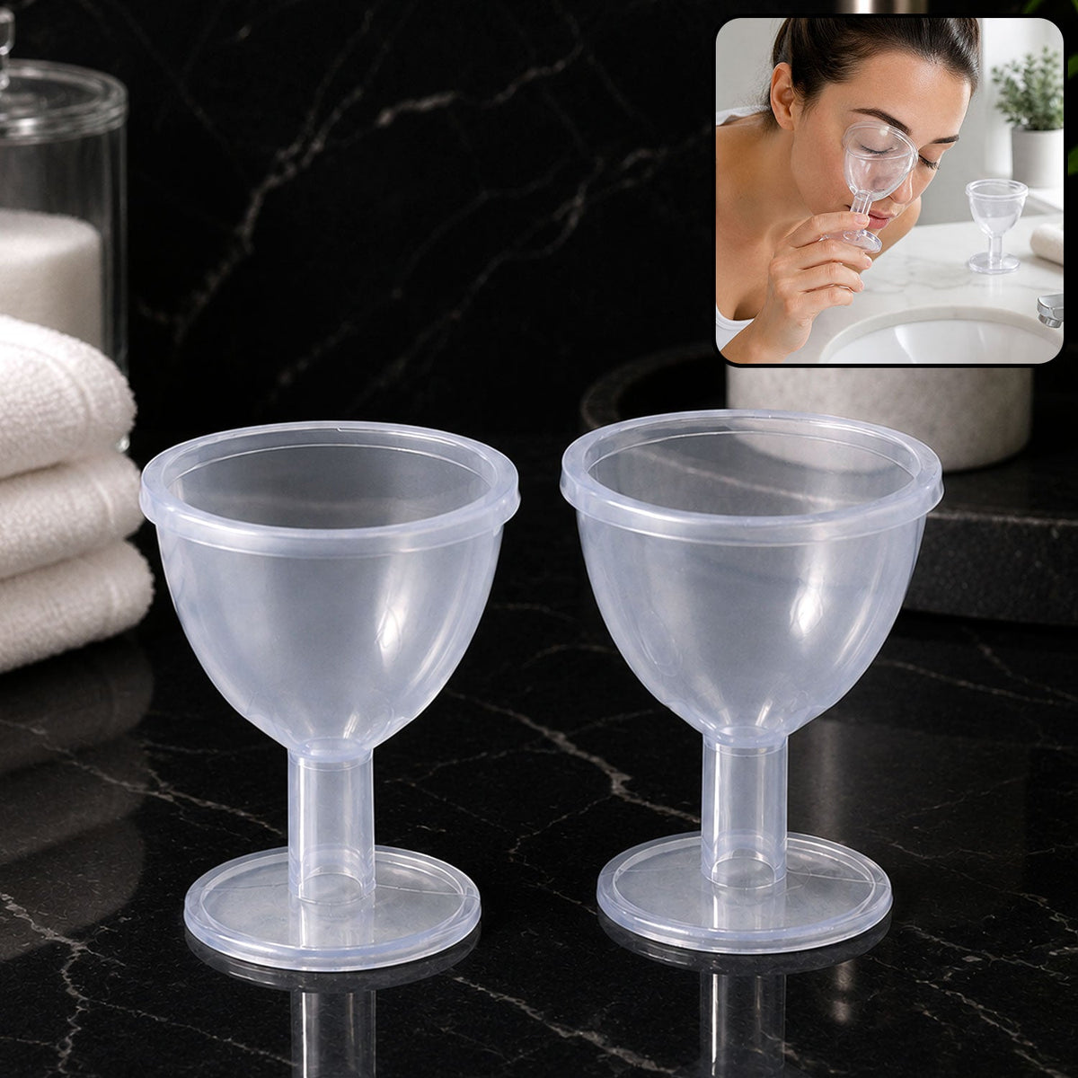 Two transparent eye wash cups with contoured rims and stable bases on a dark marble countertop, with an inset image of a
