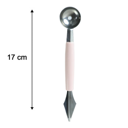 A pink-handled 2-in-1 fruit carving tool with a melon baller and a zigzag knife, showing its 17 cm length.