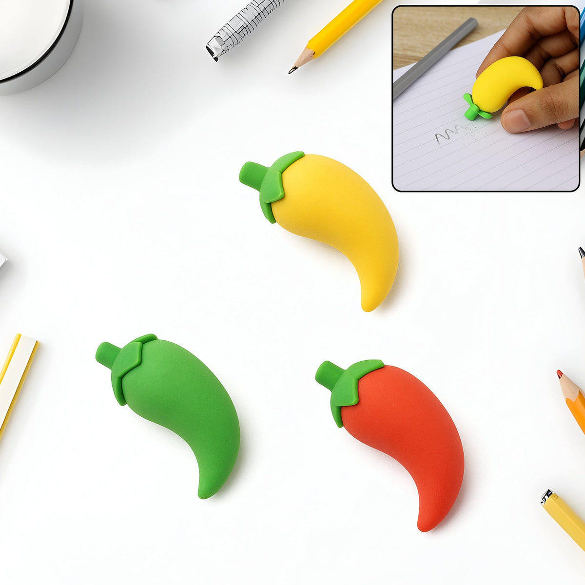 Three chili pepper erasers in red, yellow, and green, with an inset showing a hand erasing pencil marks with a yellow eraser.