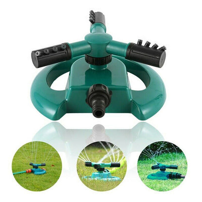 A teal and black garden sprinkler with three circular insets showing it in action.
