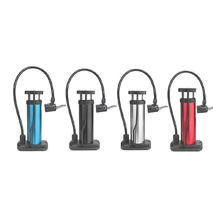 Four mini foot pumps in blue, black, silver, and red, lined up on a white background.