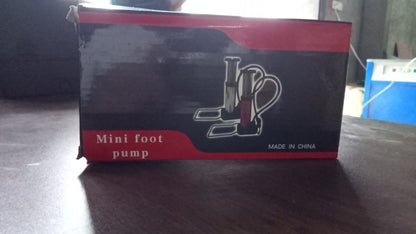 Cardboard box for a "Mini foot pump" with an illustration of the pump and "Made in China" text.