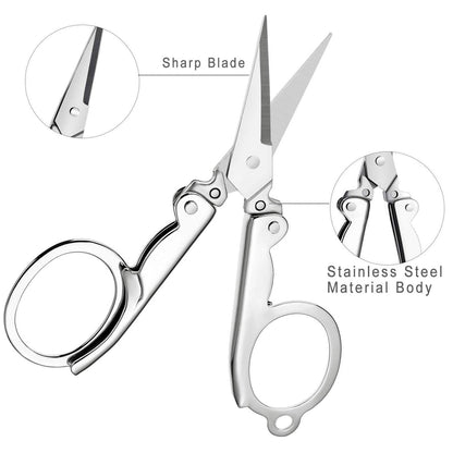 An open silver folding scissor is shown with callouts for its sharp blade and stainless steel body.