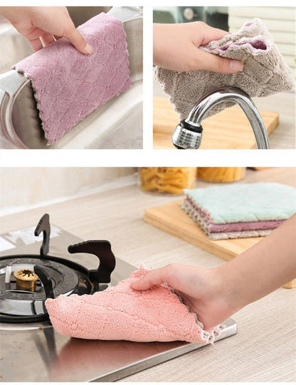 A collage shows a hand wiping a sink, a hand cleaning a faucet, and a hand wiping a stove with a pink towel.