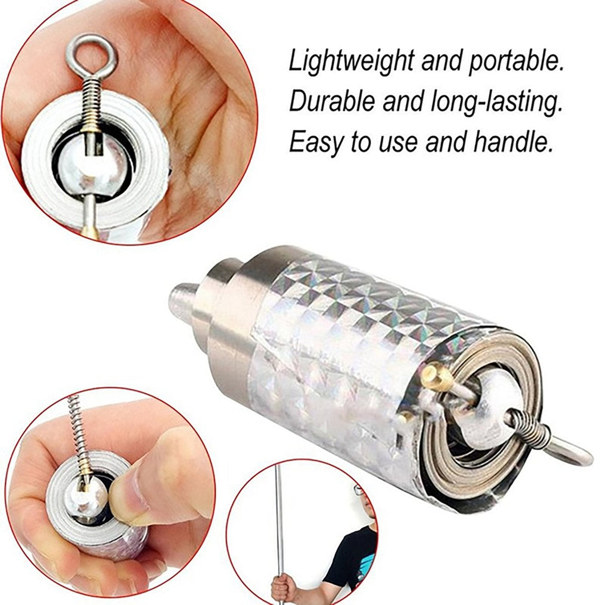 Detailed view of the silver collapsible cane mechanism, showing how it expands and contracts.