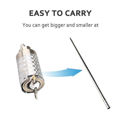 A silver collapsible cane transforming from its compact form into a long, thin metal rod.