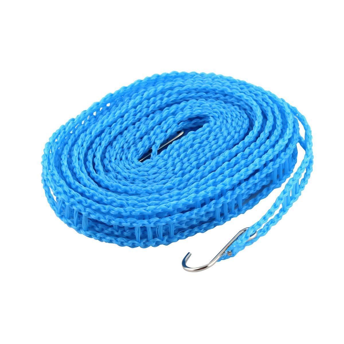 A coiled blue clothesline with a metal hook at one end is displayed on a white background.