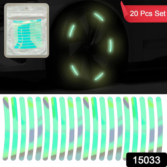 A package of 20 reflective stickers and a dark car wheel with glowing green stickers on the rim.