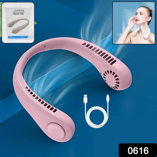 A pink bladeless neck fan and white USB cable on a blue background, with insets of packaging and a woman wearing a white fan.
