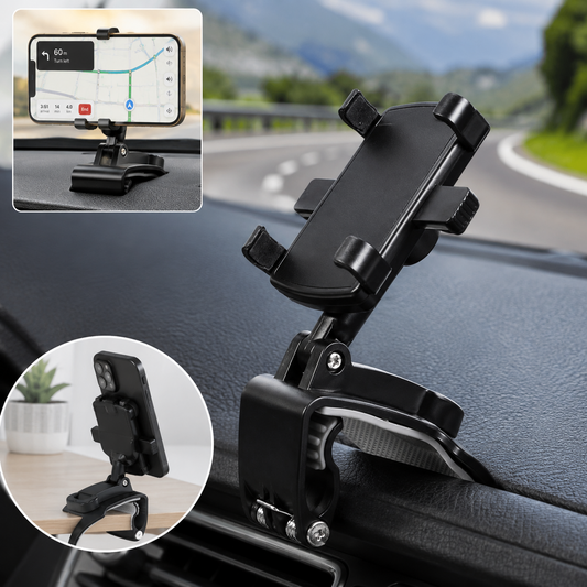 Black phone holder with a phone showing navigation, clipped to a car dashboard, with an inset of it on a desk.