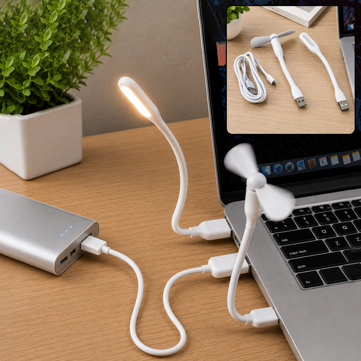 White USB fan and LED light plugged into a laptop and power bank on a wooden desk.