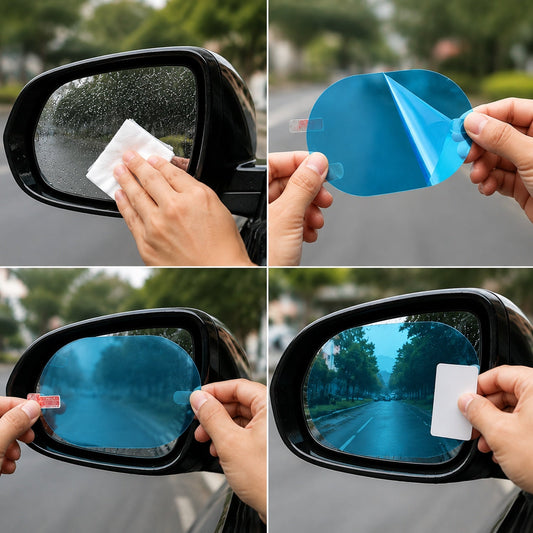 A four-panel image shows hands cleaning a wet car side view, applying a blue anti-fog film, and removing a protective layer.