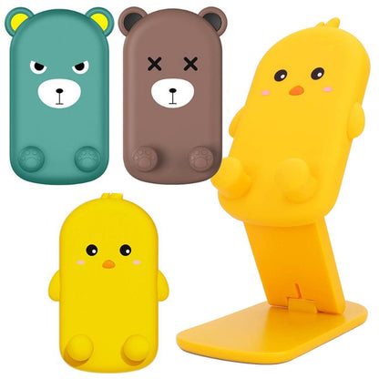 Four cartoon phone stands are displayed: two yellow ducks, one green bear, and one brown bear.