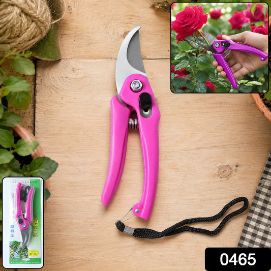 A pink garden pruner with a black wrist strap on a wooden surface, with its retail packaging in the bottom left.