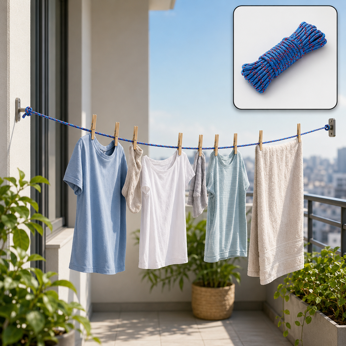 Blue and red braided clothesline with clothes drying on a balcony, with an inset of the coiled rope.