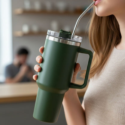 A person holds a dark green insulated travel mug with a metal straw, taking a sip, with a blurred kitchen in the background.
