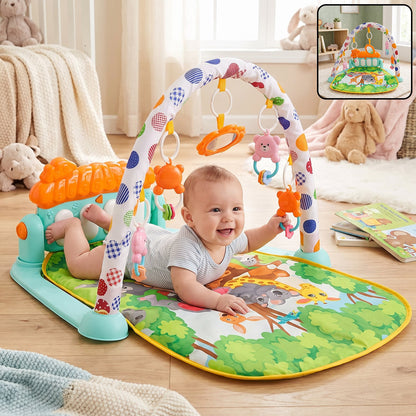 A smiling baby lies on their back on a colorful play mat with an arch of hanging toys and a piano at their feet.