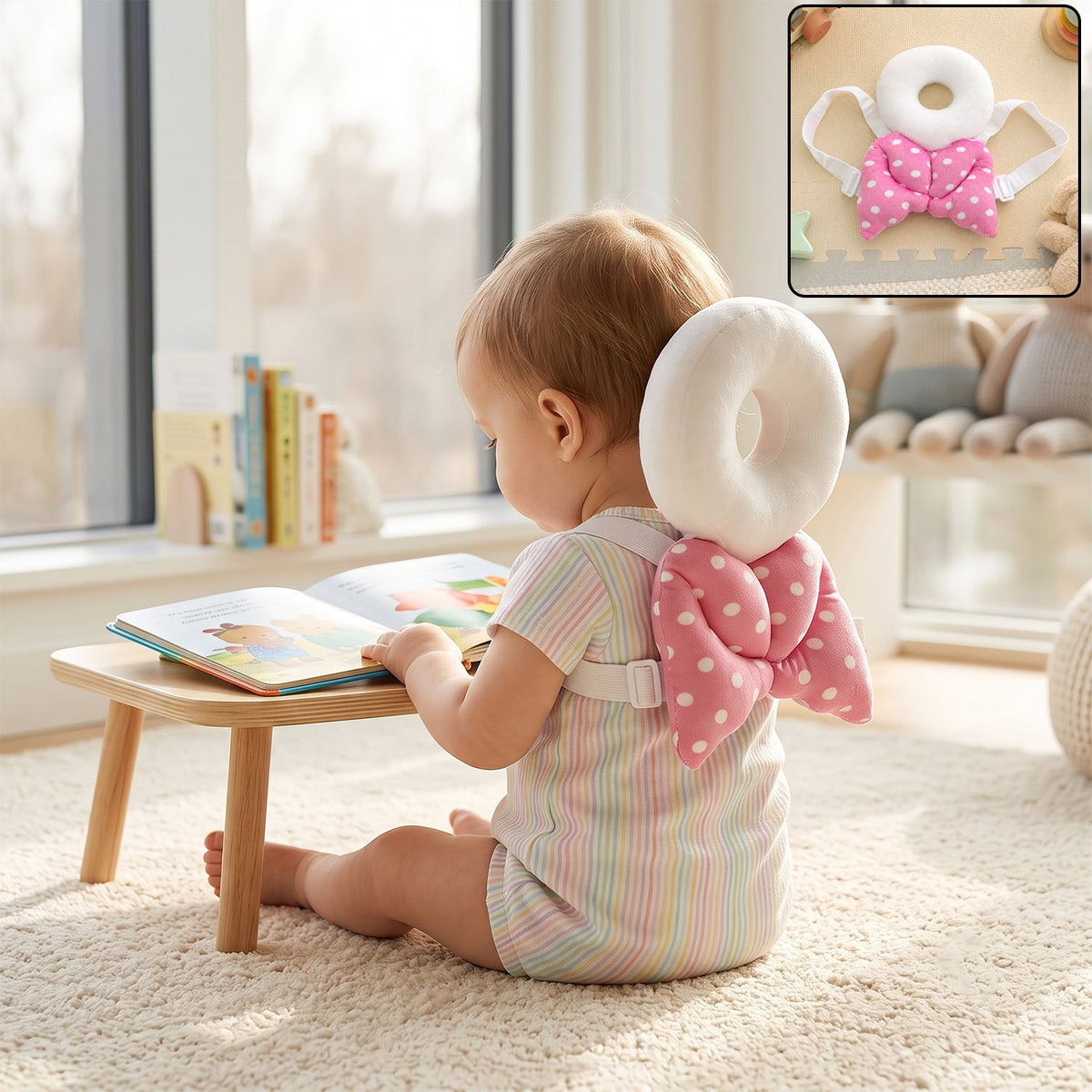 A baby wearing a pink and white polka dot head protector with angel wings sits on a rug reading a book.