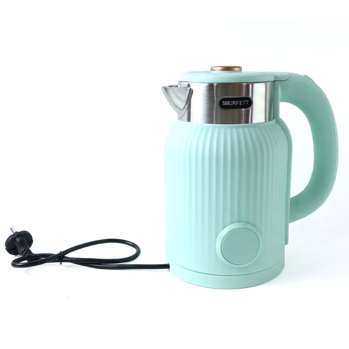 A person pours hot water from a mint green electric kettle into a ceramic mug on a wooden countertop, steam visibly rising.